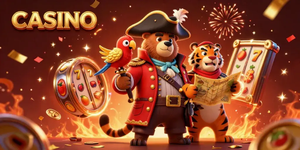 Engage with the vibrant CASINO scene featuring rich characters, spinning slot reels, and festive celebration elements.