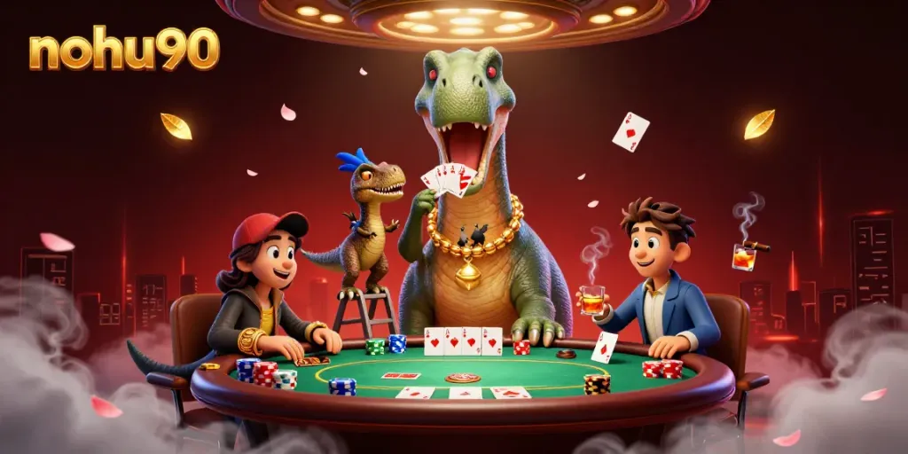 Experience nohu90's thrilling poker scene with a giant brontosaurus and clever raptor dealer.