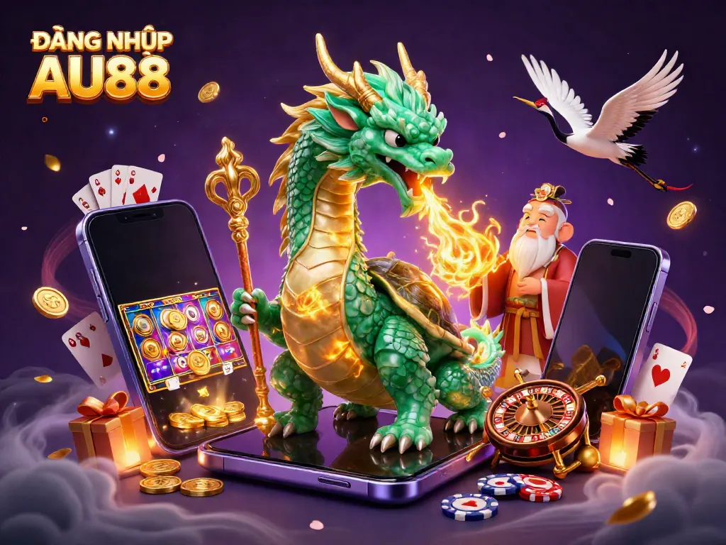 Engage in the thrill with ĐĂNG NHẬP AU88, featuring a mystical dragon and cheerful casino elements.