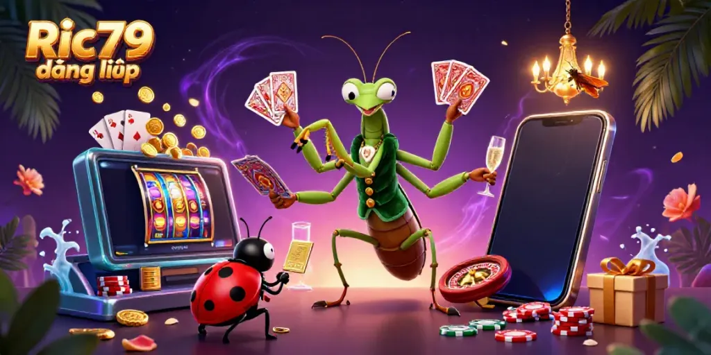Engage with the vibrant action of Ric79 đăng nhập through a lively scene showcasing casino characters amid a wealth of gaming elements.