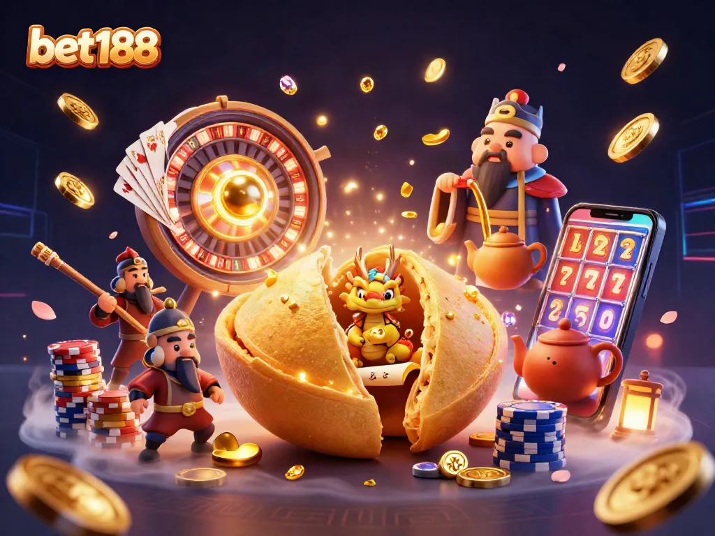 Experience excitement with bet188's golden fortune cookie scene, showcasing a wise dragon and vibrant casino elements.