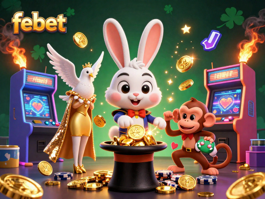 febet's playful casino scene with a magician rabbit and poker chips for exciting gaming.