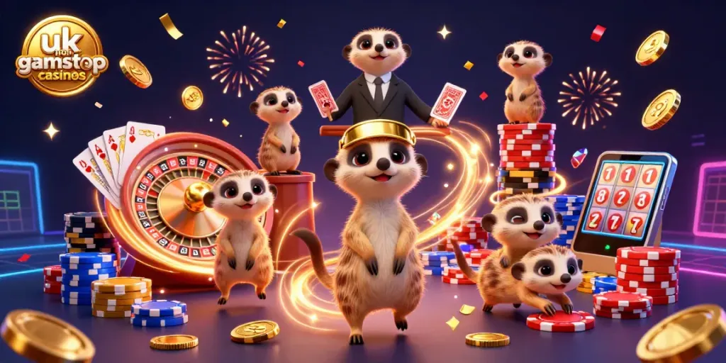 Engaging scene of meerkats managing uk non gamstop casinos with vibrant casino elements.