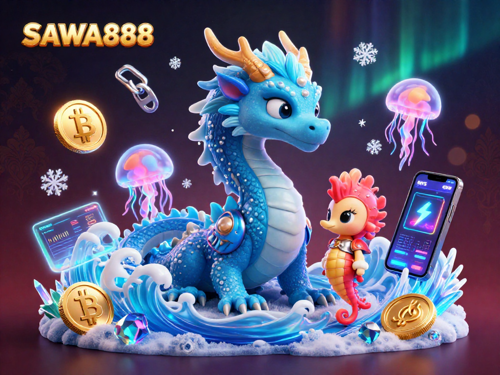 Experience the thrill of SAWA888 with the azure water dragon amid glowing crypto elements and vibrant jellyfish.