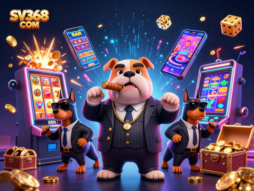 Experience thrilling wins at SV368 COM with this vibrant casino scene featuring a mafia bulldog and two Doberman bodyguards.