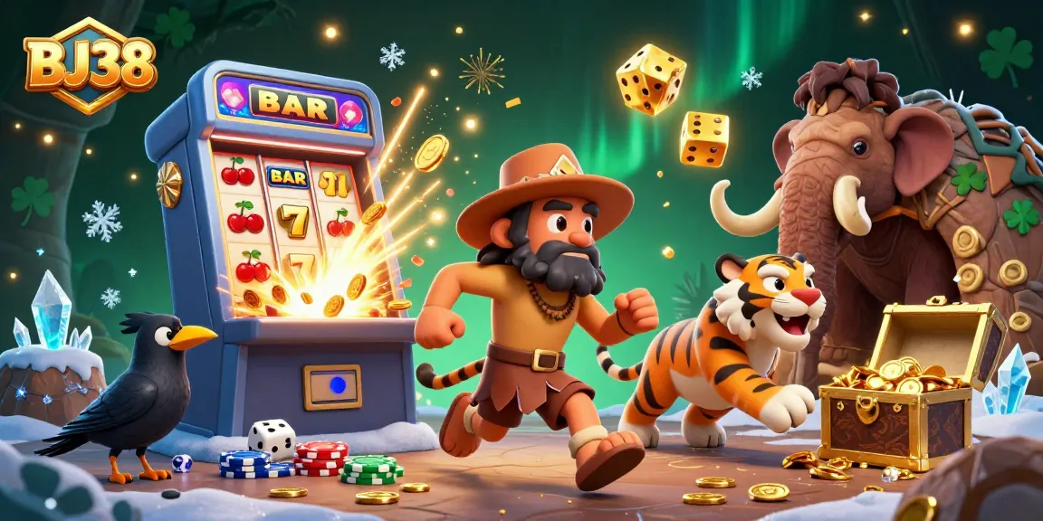 BJ38 enhances gameplay with a vibrant casino scene featuring a caveman and sabertooth tiger, showcasing exciting game elements.