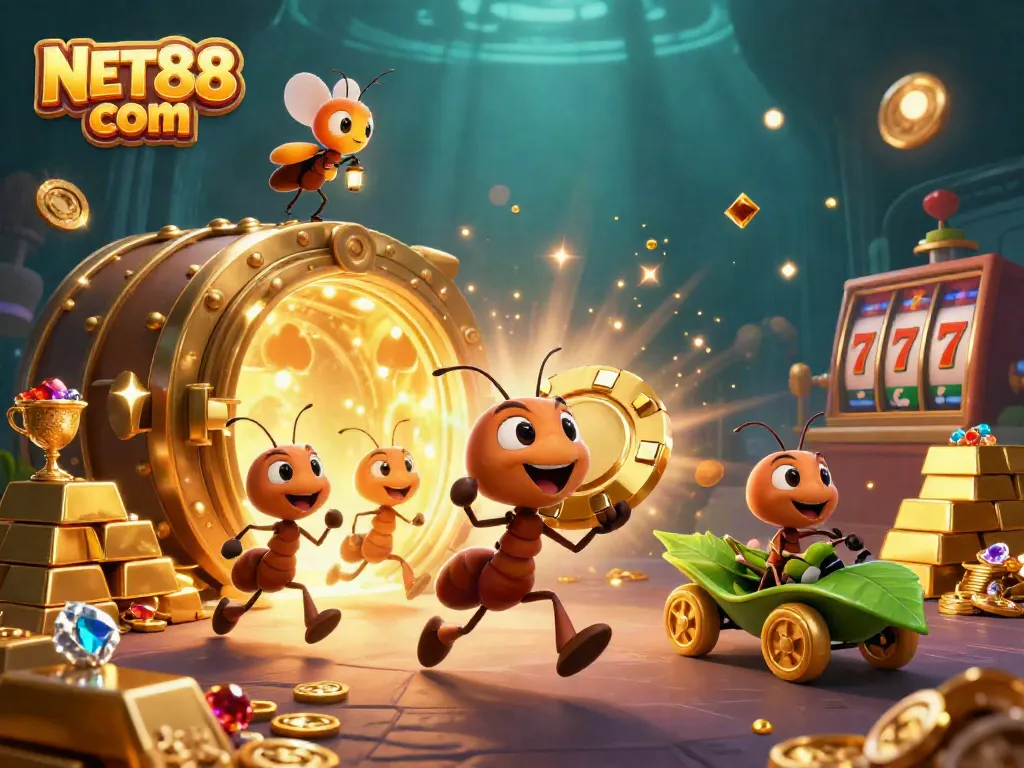 Join the adventure of NET88 com in a vibrant heist illustration filled with golden treasures and casino elements.