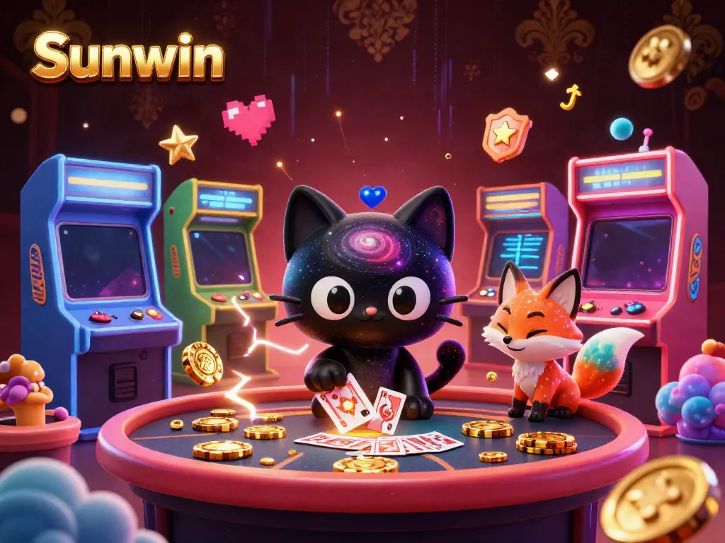 Engage in gaming excitement at Sunwin with a cosmic casino scene featuring a black hole cat and colorful elements.