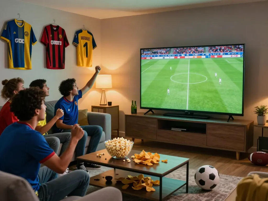 Xoilactv fans celebrating a football match in a cozy living room with HD TV and snacks.