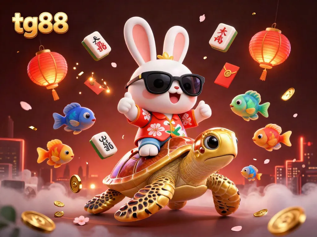 Witness tg88's thrilling luck with a cartoon rabbit on a golden turtle amidst vibrant casino elements!