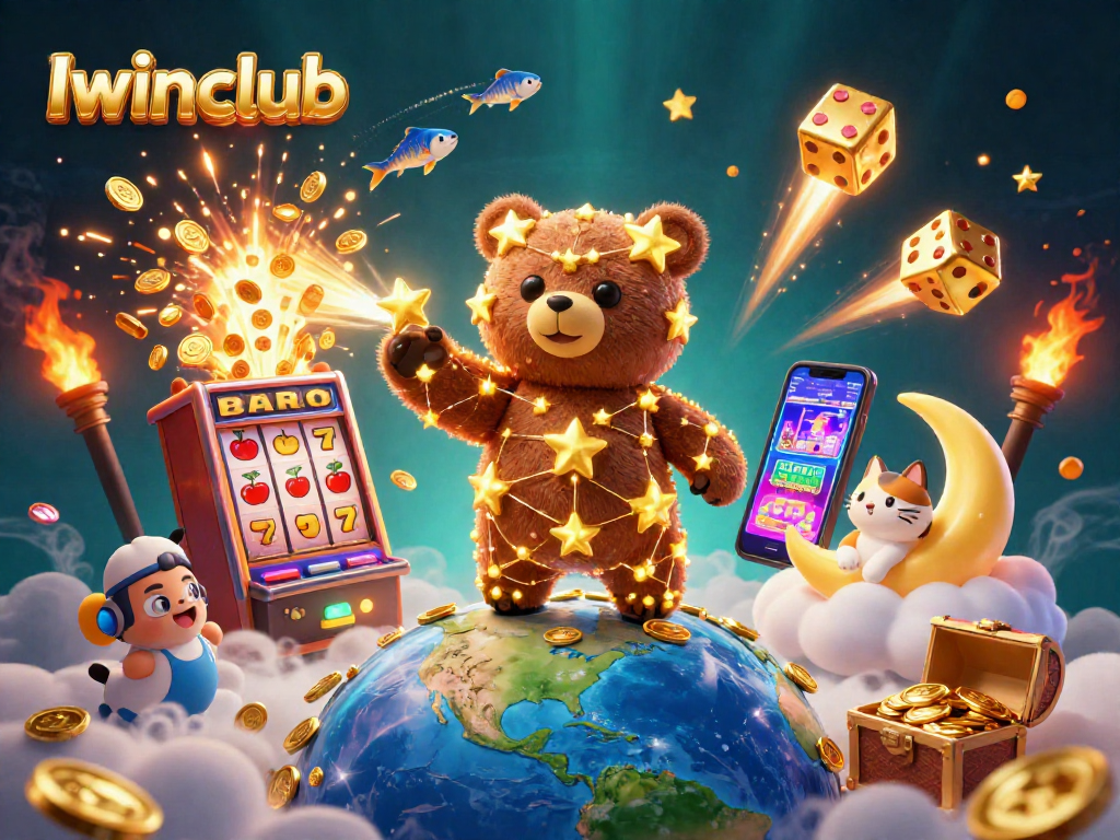 Iwinclub invites players to jackpot excitement with a mystical bear and colorful casino elements.