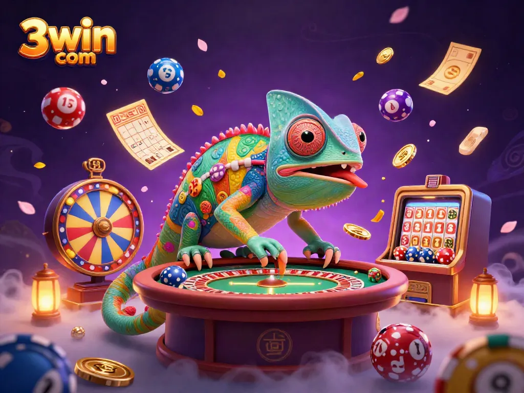 Engage with 3win com in vibrant casino scene featuring a unique chameleon owner and playful lottery elements.