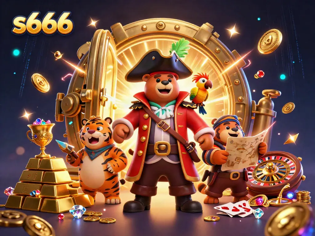 Experience thrilling adventures at s666 with a cartoon illustration of a pirate bear and his tiger mate amidst casino treasures.