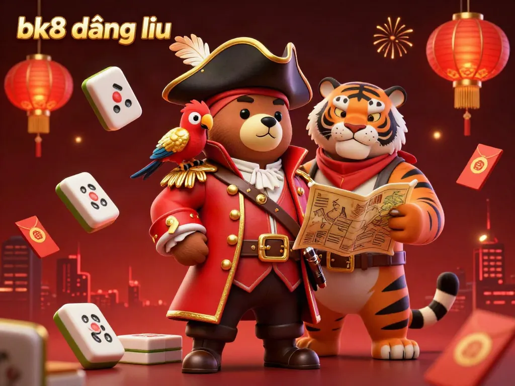 Engage in seamless gaming with bk8 đăng nhập, featuring a pirate captain bear and tiger, amidst vibrant casino elements.