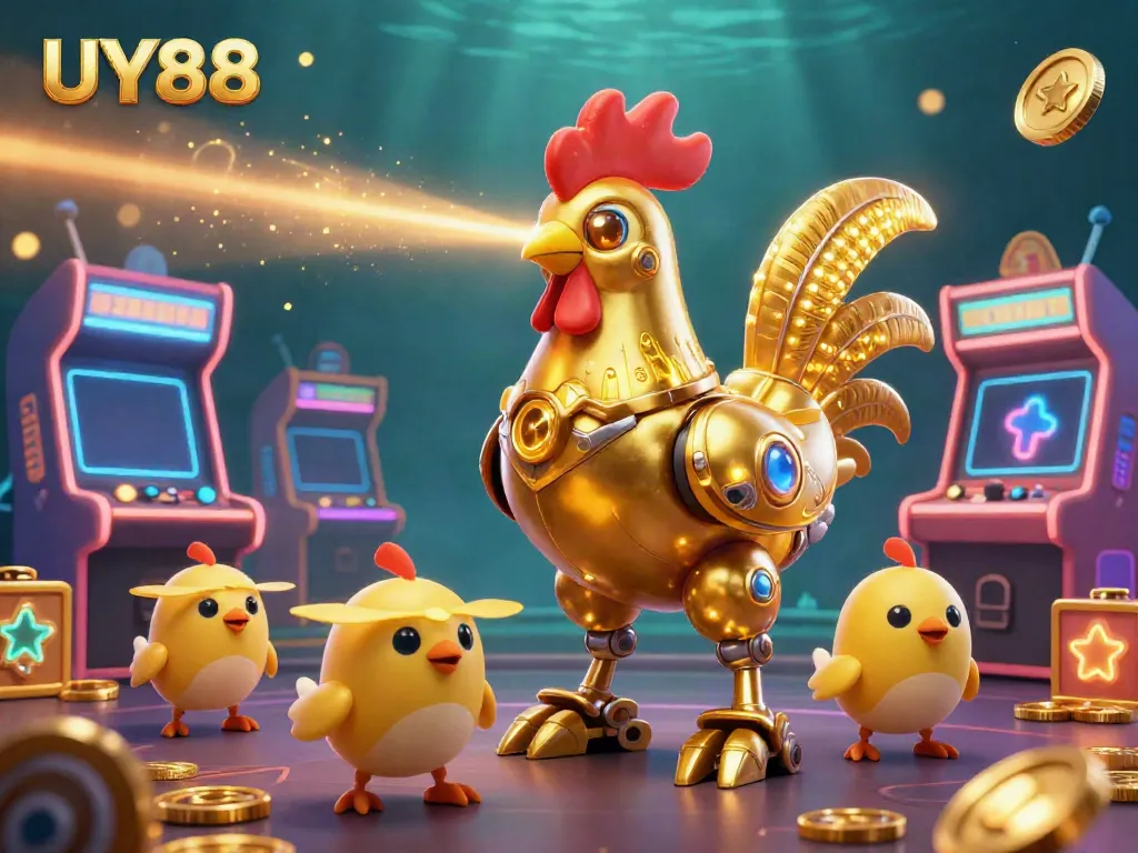 Experience thrilling gameplay action at UY88 with a futuristic golden rooster and vibrant arcade elements.