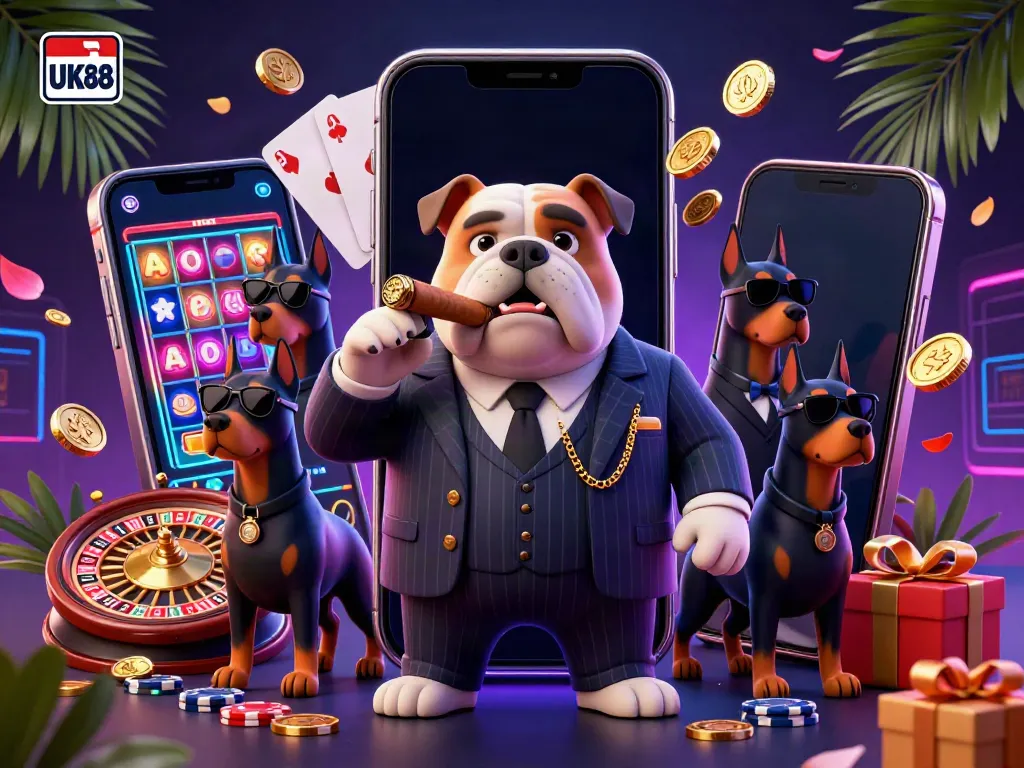 Engaging 3D scene of UK88 with a mafia bulldog and Doberman security, showcasing dynamic casino gaming elements.