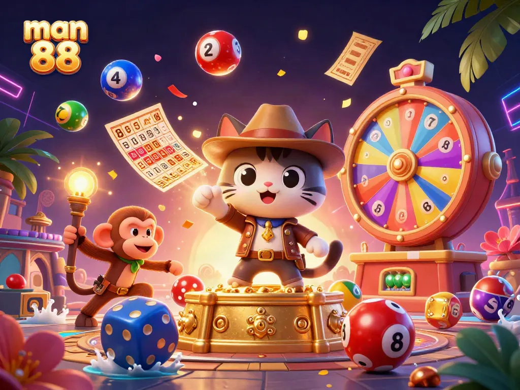 Experience excitement at man 88 by the 3D explorer cat discovering treasures amidst colorful gambling elements.