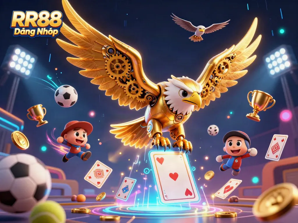 Experience RR88 Đăng Nhập with a stunning 3D cybernetic eagle diving through gaming elements and sports.