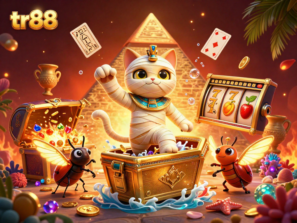Engage with tr88 as the mummy cat and scarab beetle lead a thrilling casino adventure amidst vibrant game elements.