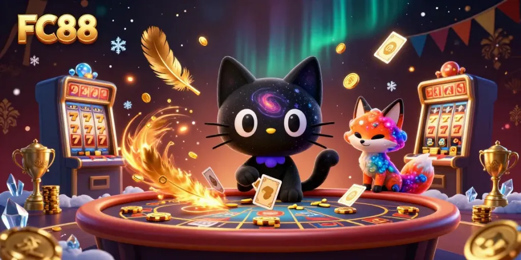 Experience the thrilling cosmos of FC88 casino, featuring a black hole cat and a nebula fox, surrounded by vibrant gaming elements.