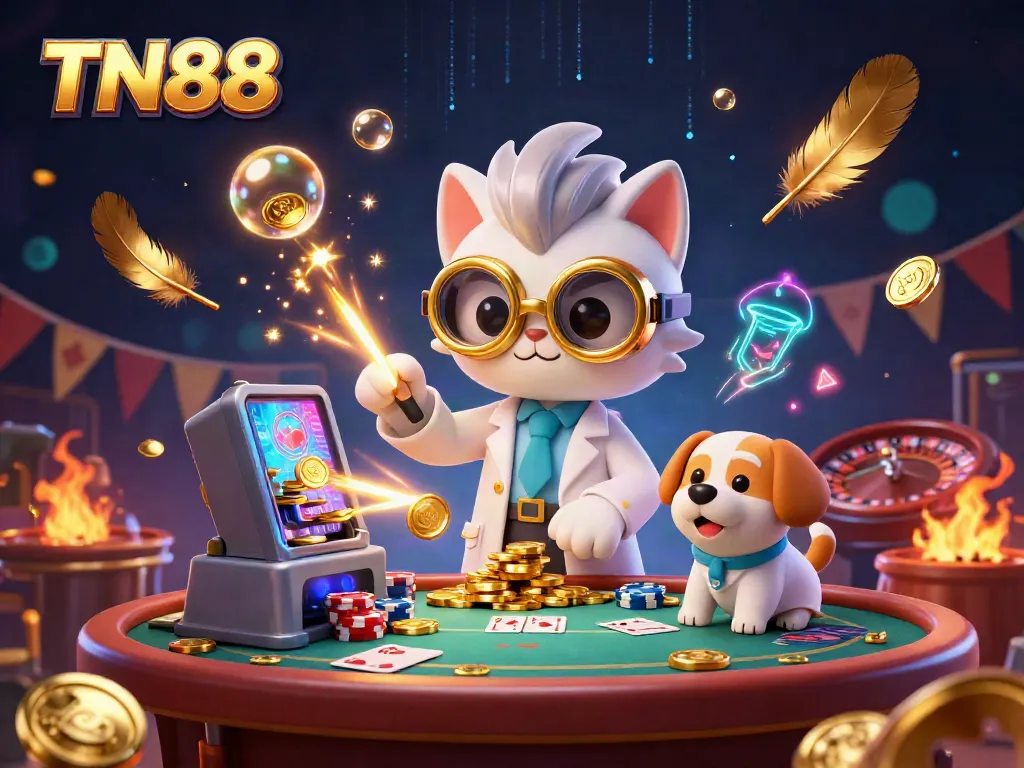 Experience the excitement of TN88 with a mad scientist cat and assistant at a lively casino scene.