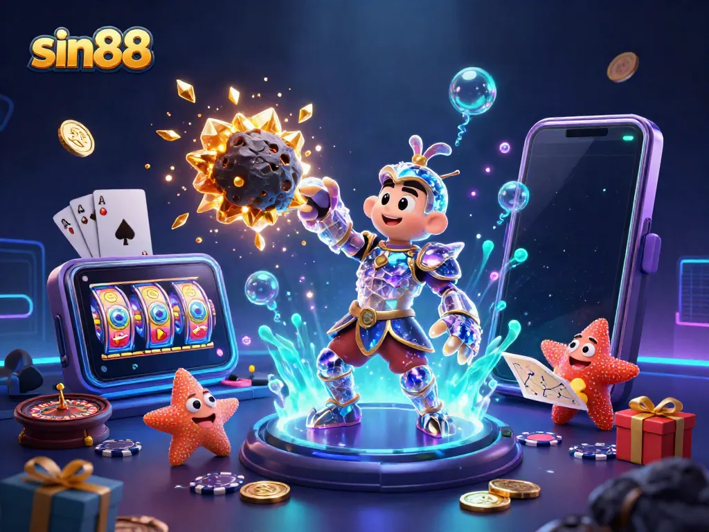 Engage in thrilling gameplay at sin88 featuring a galactic mantis shrimp and starfish amidst vibrant casino elements.