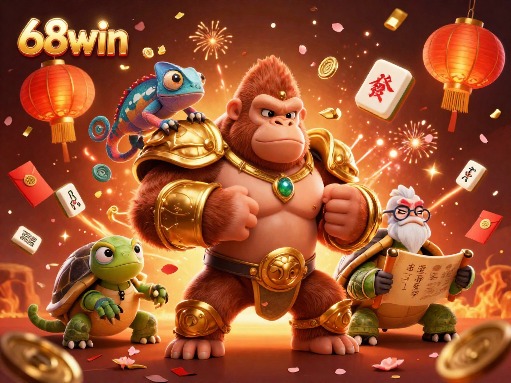 Experience thrilling moments at 68win with powerful characters celebrating amidst casino elements and vibrant designs.