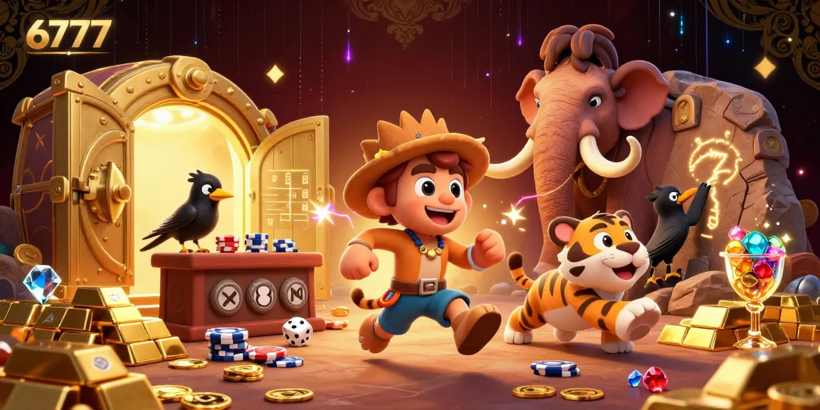 Experience thrilling gameplay at 6777 with a vibrant cartoon casino scene featuring dynamic characters and rich treasures.