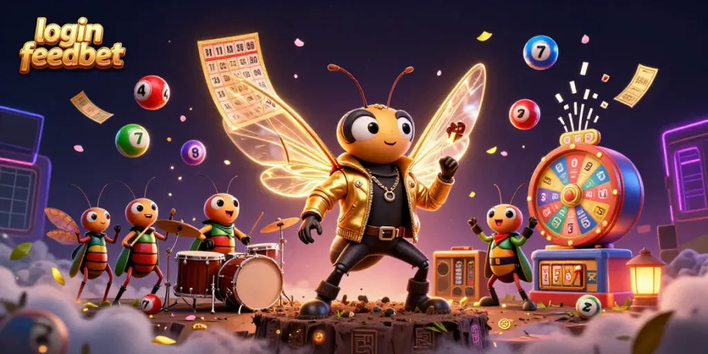 Engage with login feedbet while enjoying vibrant slot games and lottery entertainment in this dynamic illustration.