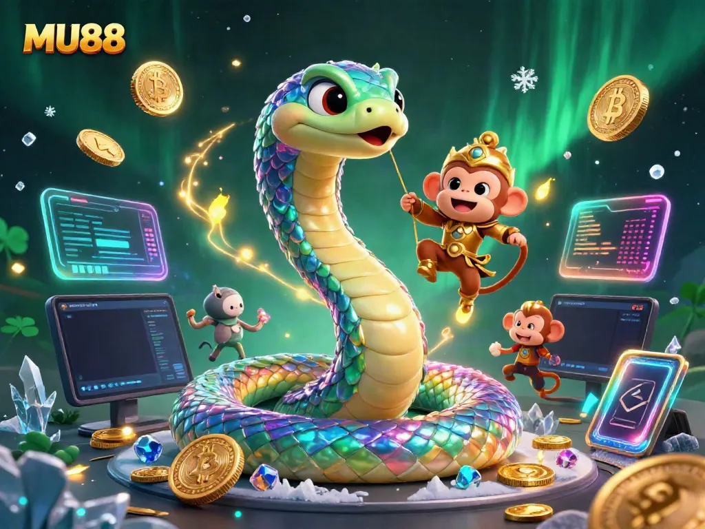 Engage with MU88 through an enchanting 3D casino scene highlighting a rainbow serpent and cryptocurrency elements.