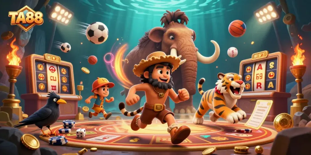 Engaging TA88 illustration depicting a prehistoric casino with unique characters and dynamic gaming elements.
