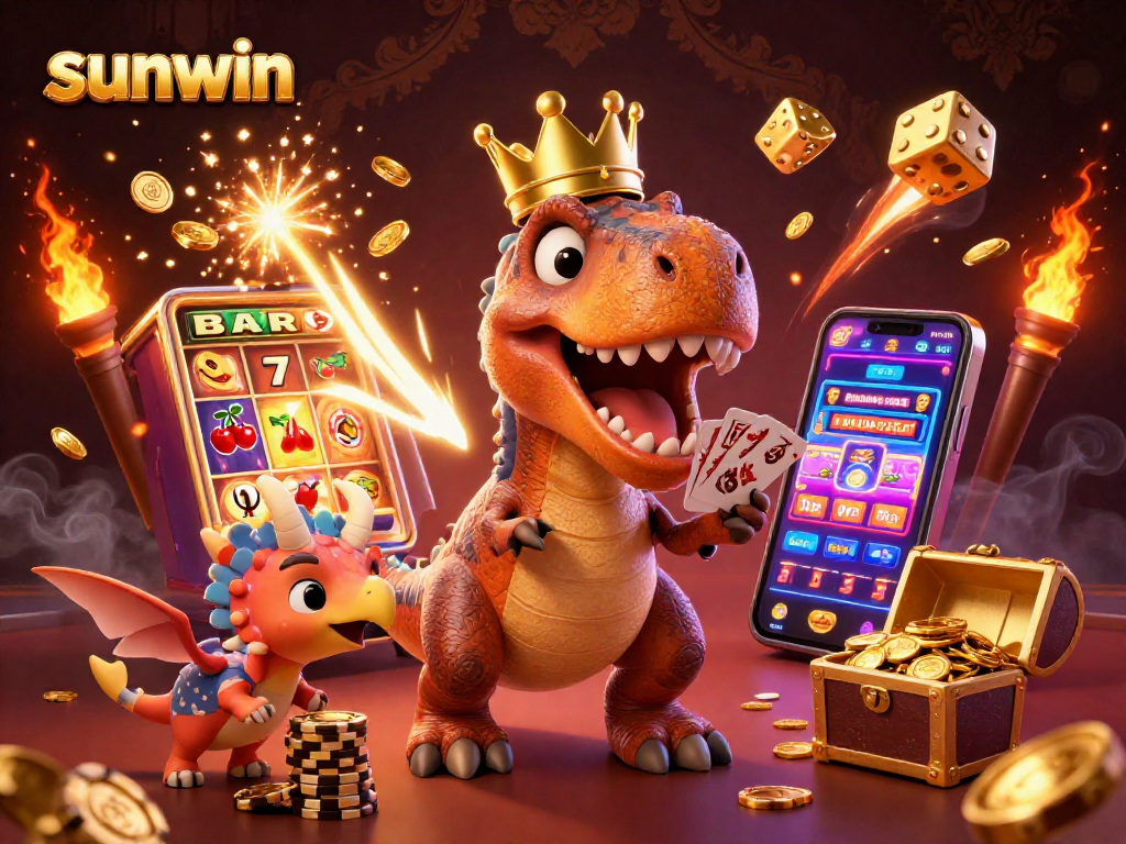 Sunwin showcases a fun casino scene with a T-Rex shuffling cards while surrounded by vibrant slot machines and golden chips.
