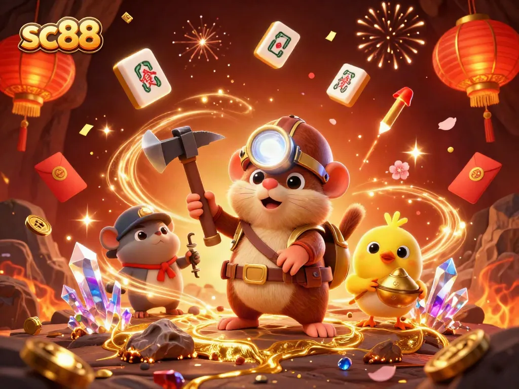 Engage with the vibrant sc88 casino scene featuring a treasure hunter mole and festive decorations.