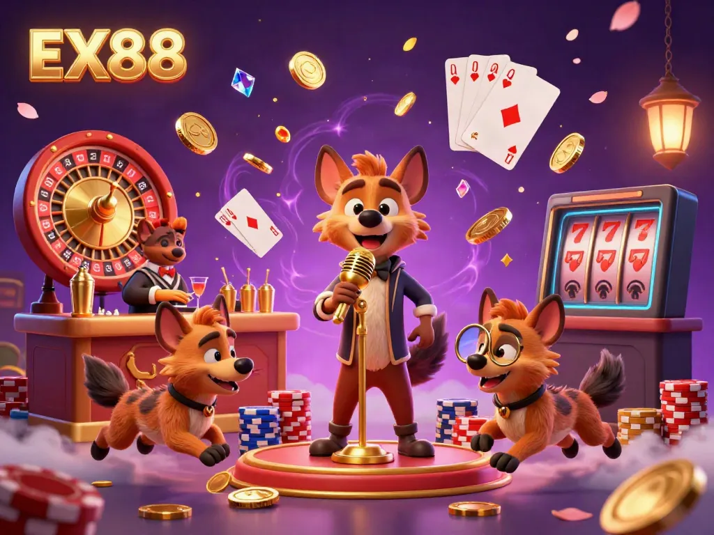 Experience EX88 comedy casino fun with hyenas performing, crafting drinks, and checking IDs amidst vibrant casino elements.