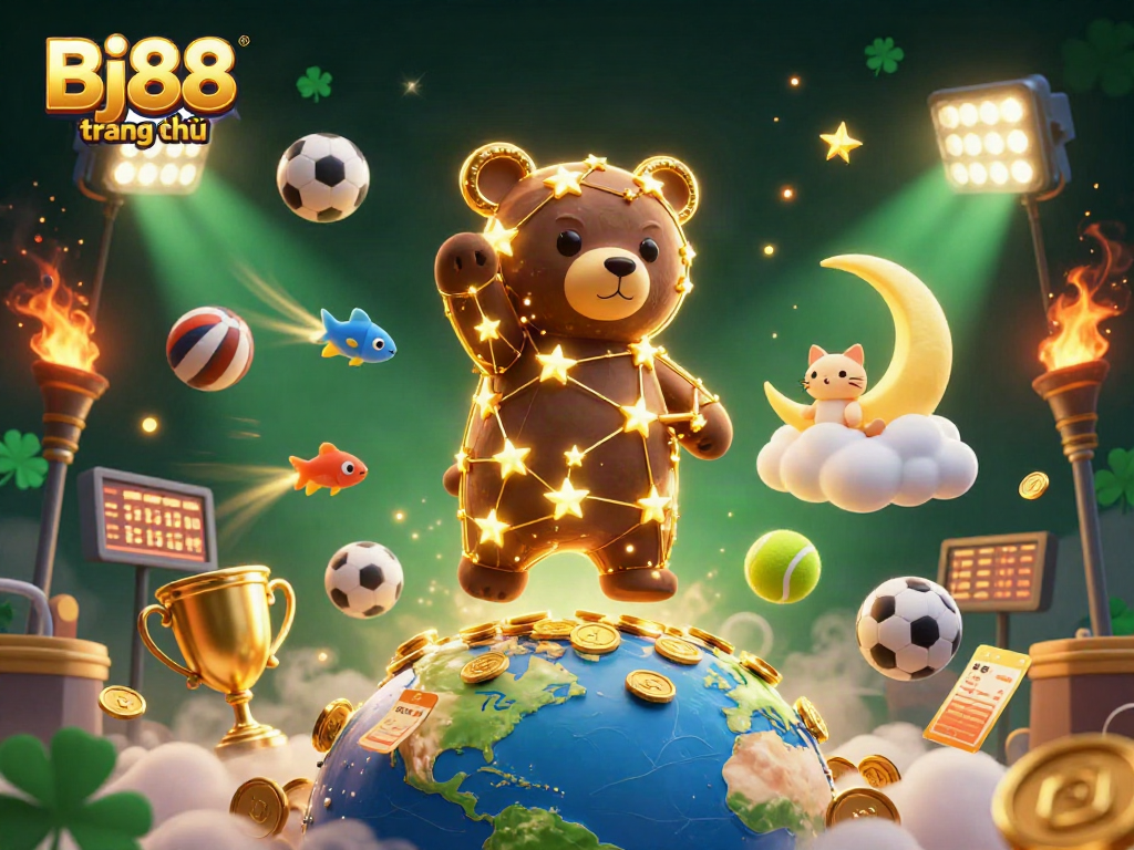 Bj88 trang chủ brings to life a vibrant sports-themed 3D illustration with cosmic characters and dynamic betting elements.