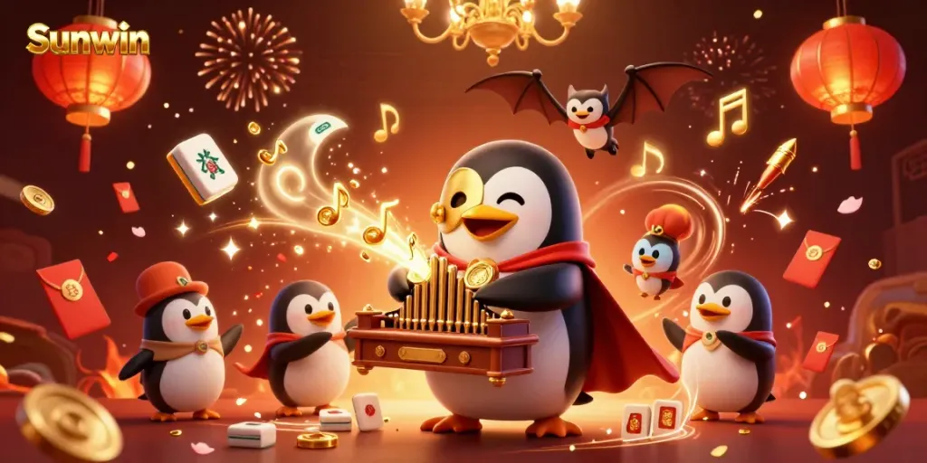 Sunwin gaming experience with a cartoon penguin playing a pipe organ, animated casino game atmosphere.