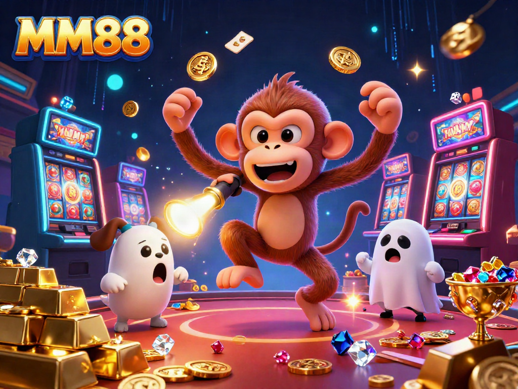 Experience the thrill of MM88 with a ghost-hunter puppy tracking a mischievous monkey in a vibrant casino.