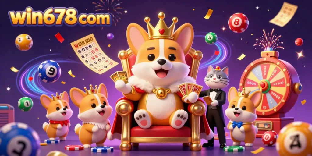 Engage with thrilling games at win678 com featuring royal corgi and vibrant casino elements.