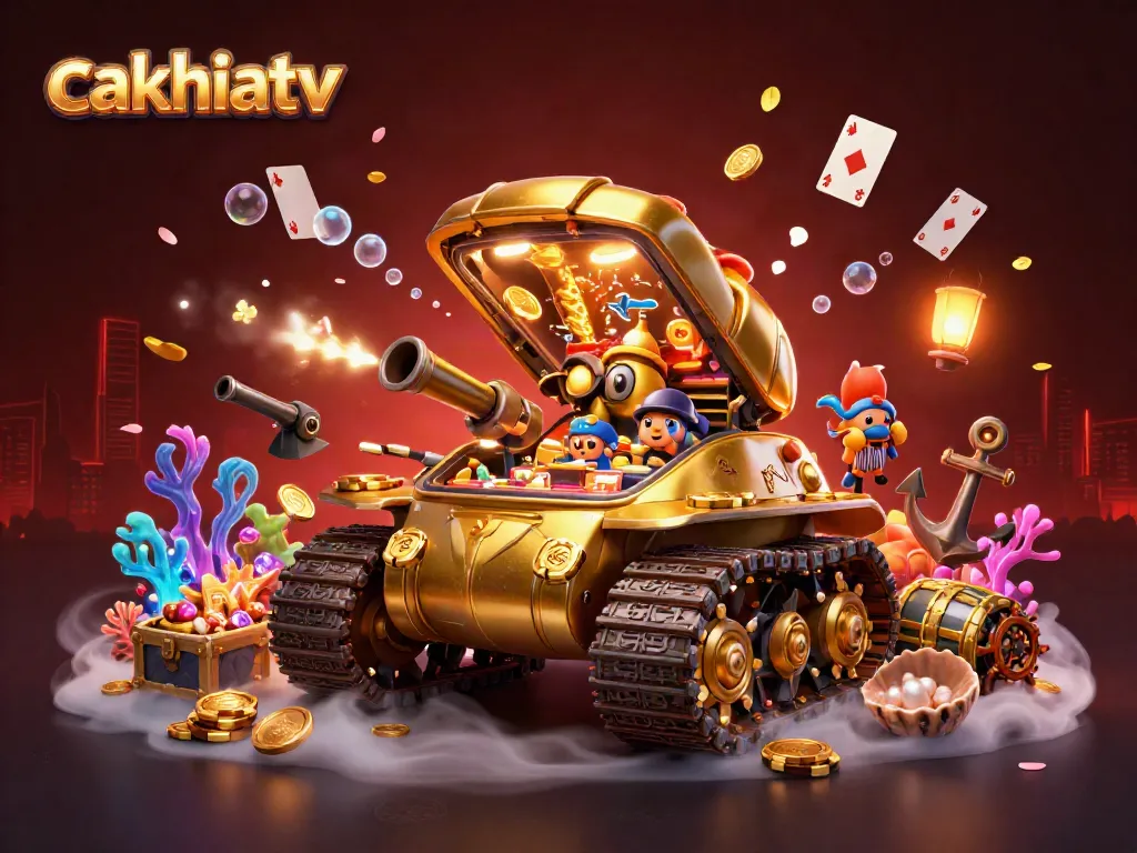 Cakhiatv transforms the gaming experience with a vibrant casino scene featuring a golden beetle tank amidst a treasure-filled underwater backdrop.