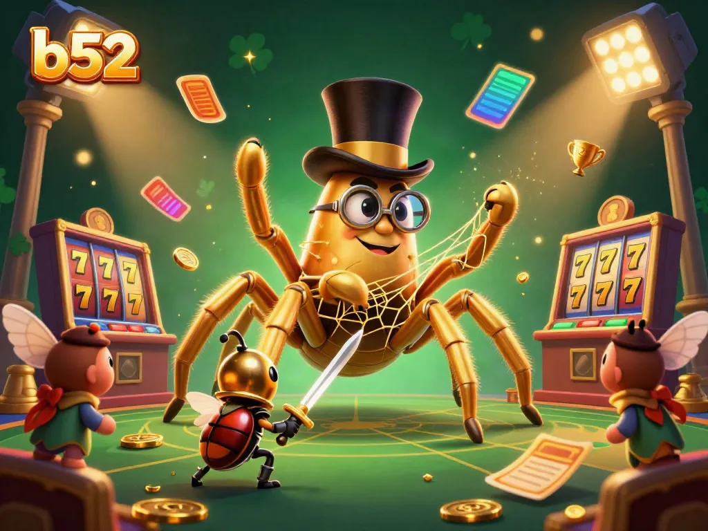 Engage with b52 gaming excitement featuring a golden tarantula and beetle knight in a casino
