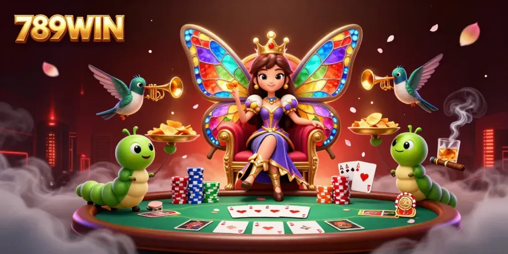 Experience vibrant casino action with 789WIN, featuring a butterfly queen and poker elements.