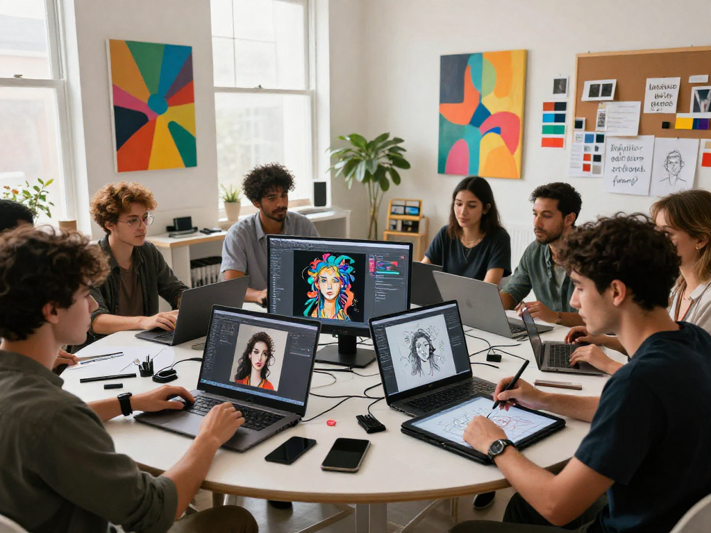 Artists creating dynamic NSFW AI imagery in a vibrant digital studio.
