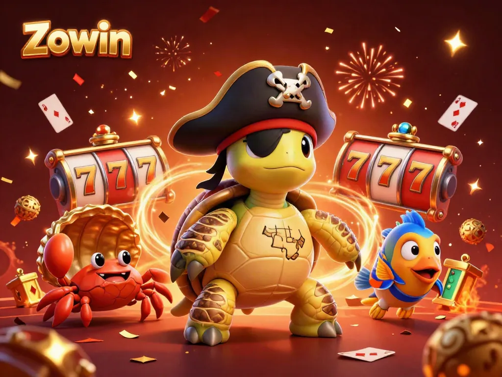 Engage with Zowin's vibrant 3D scene featuring a pirate turtle, treasure, and casino elements.