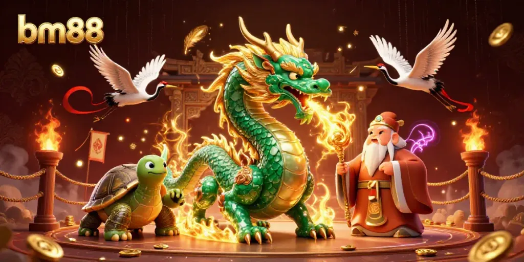 Experience the thrilling essence of bm88 with a dynamic 3D casino illustration featuring iconic Asian elements and vibrant energy.