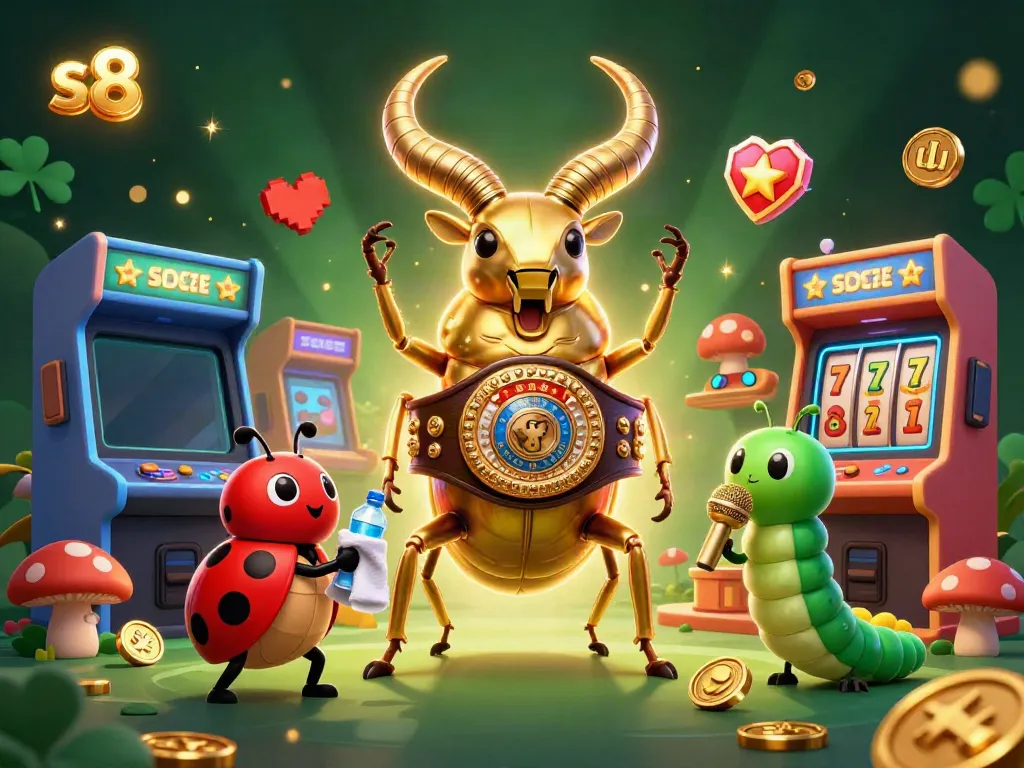 Experience exciting gameplay with S8's vibrant casino world featuring a golden stag beetle and game elements.