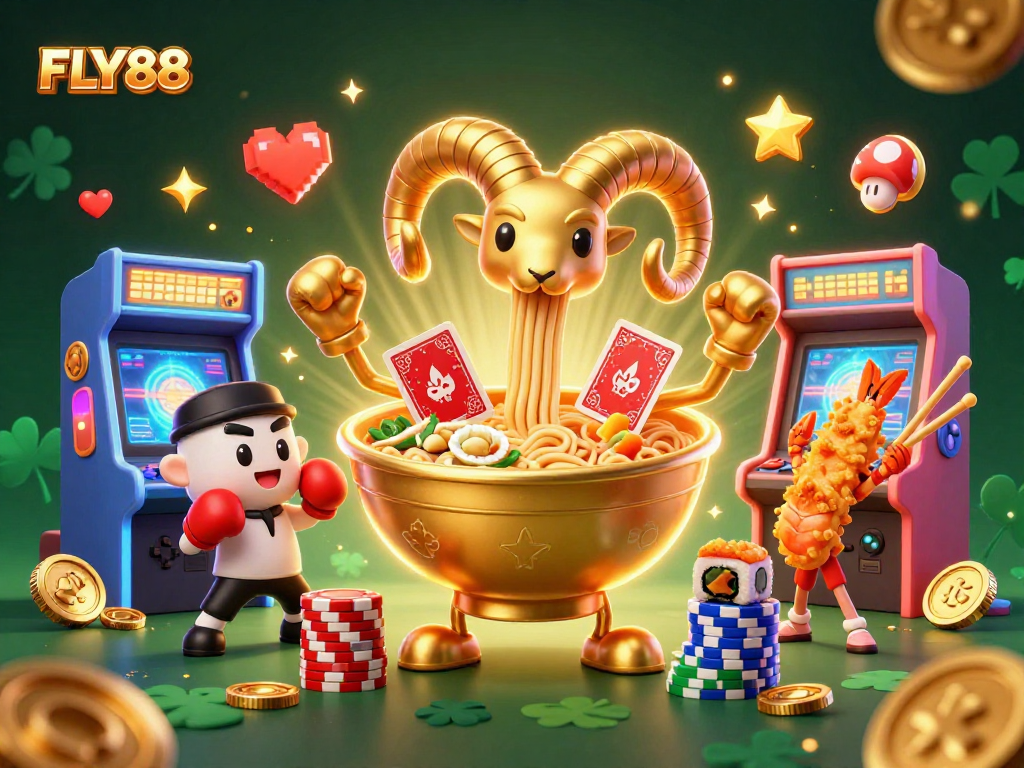 FLY88 showcases exciting gameplay with a giant ramen bowl dealer surrounded by vibrant casino elements.