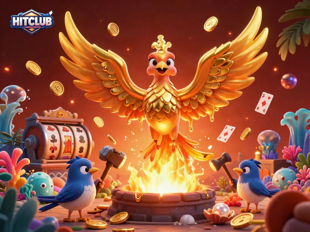Win big at HITCLUB with the golden phoenix and rich casino treasures in this vibrant illustration.