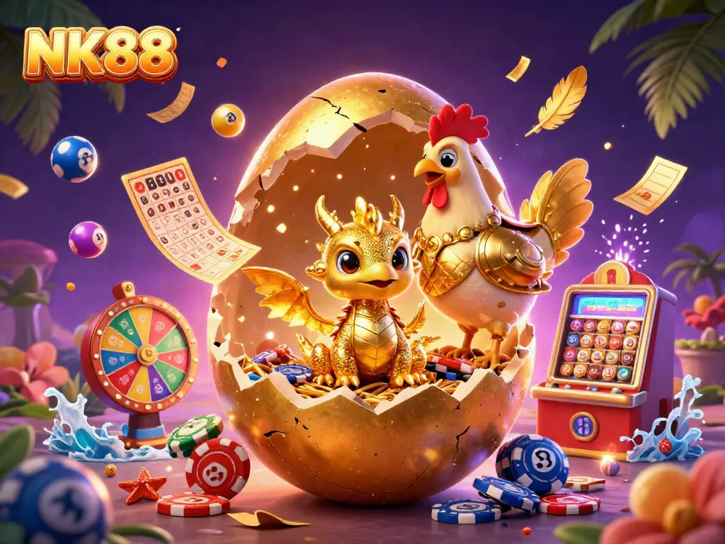 Experience NK88's vibrant gaming world featuring a golden baby dragon and rich casino elements.