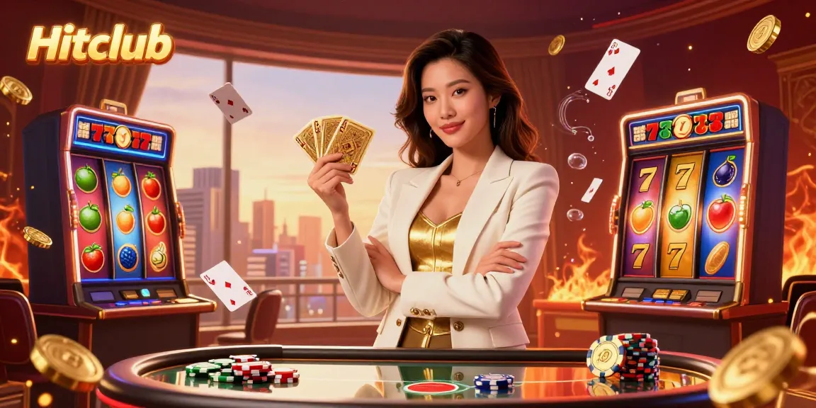 Experience Hitclub’s immersive world of excitement with vibrant slot reels and a glamorous dealer.