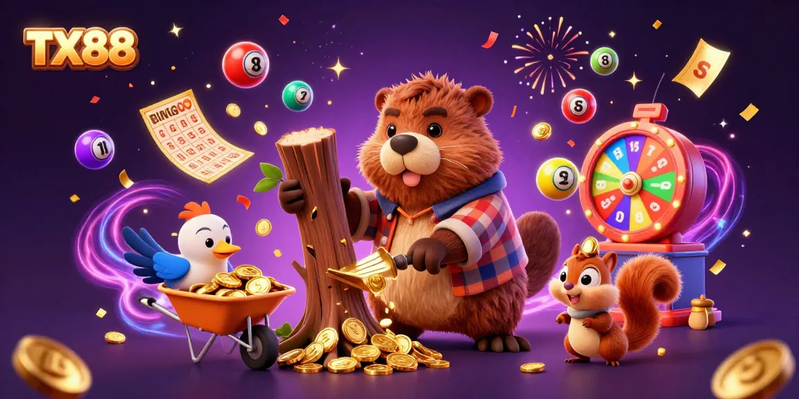 Spin the TX88 prize wheel of fortune with vibrant characters collecting golden coins!